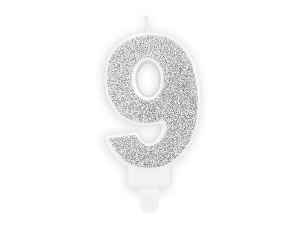 Geburtstagskerze Zahlenkerze Glitter Silber - Nummer 9