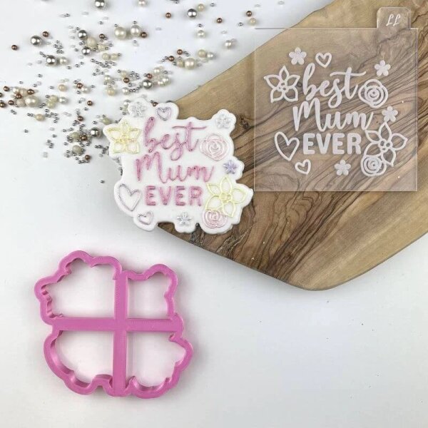 2 Set Cookie Cutter & Embosser Best Mum Ever with Flowers Style2