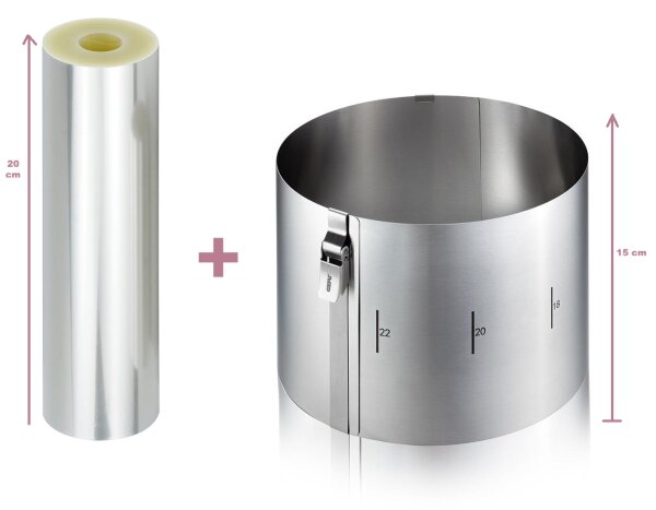 Tortenring mit Klemmhebel Höhe 15 cm + Tortenrandfolie 20 cm